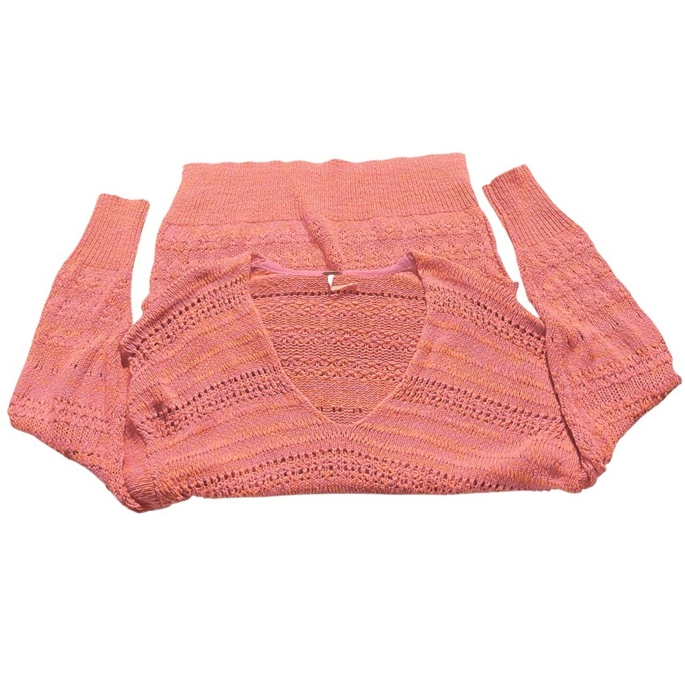 Free People Coral Pink Open Knit Oversized V-Neck Sweater Tunic Medium - Picture 8 of 15